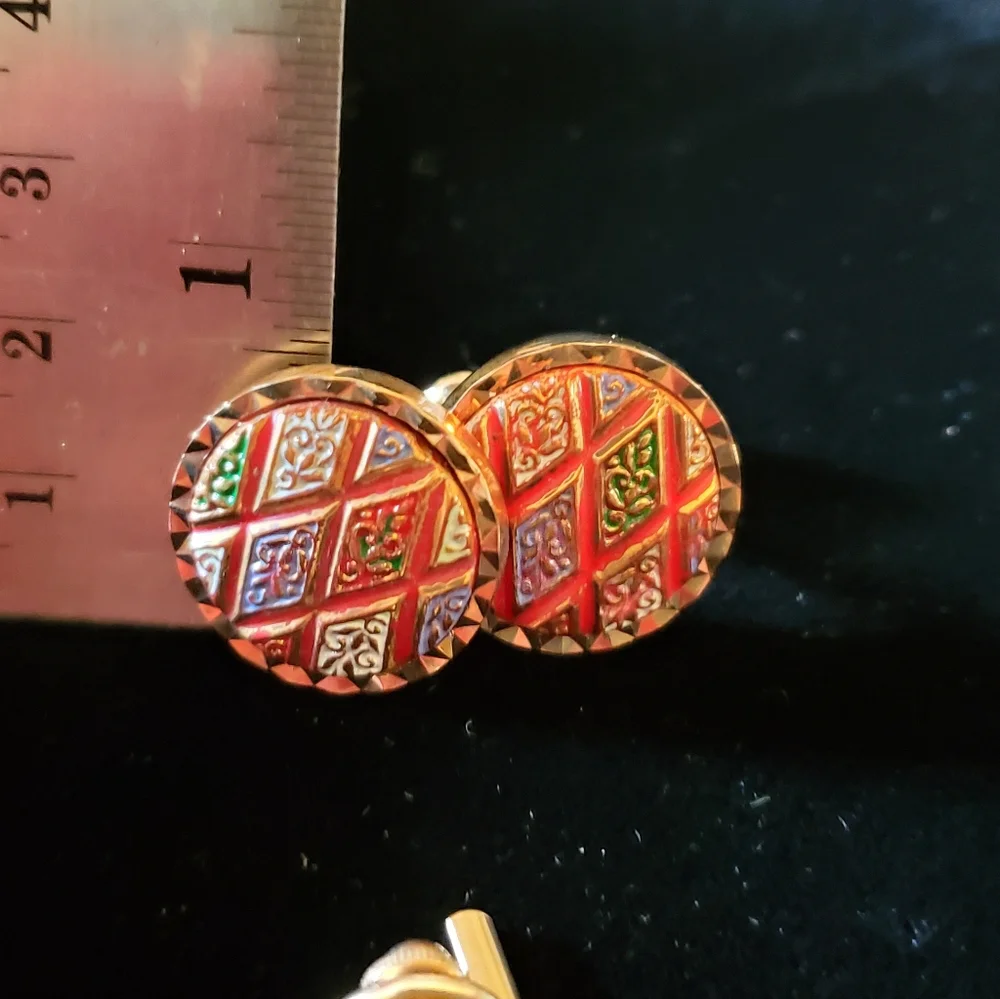 Red and Gold Harlequin Diamond Cufflinks Tie Tack Set 1950's 1960's Mid-century
